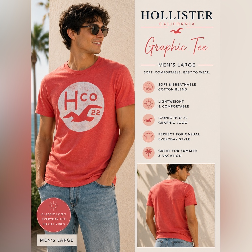 Hollister Red Graphic Tee HCO 22 Logo T-Shirt Size Large Casual